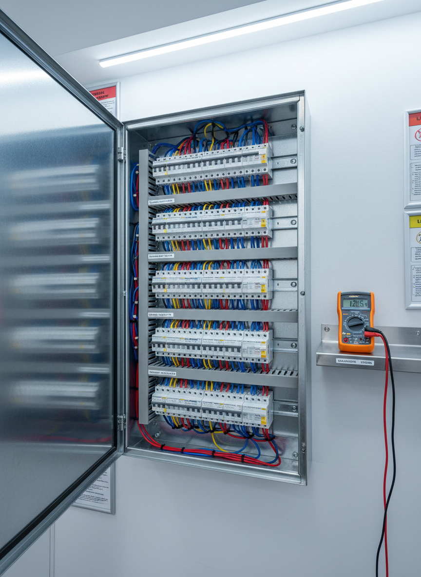 A meticulously organized electrical service panel mounted on a clean, light-gray utility wall, with neatly labeled rows of modern circuit breakers and perfectly aligned wiring harnesses in red, blue, yellow, and black insulation. The panel door is open, revealing a polished metallic interior and a small digital multimeter resting on a nearby narrow shelf. Cool, even LED workshop lighting illuminates the scene, creating crisp reflections on the metal and clear, legible labels. Photographed at eye level with sharp focus and a slight angle to show depth, the composition feels technical, precise, and professional, matching a clean, modern, photographic realism ideal for a trusted electrical services company in the Podhale region.