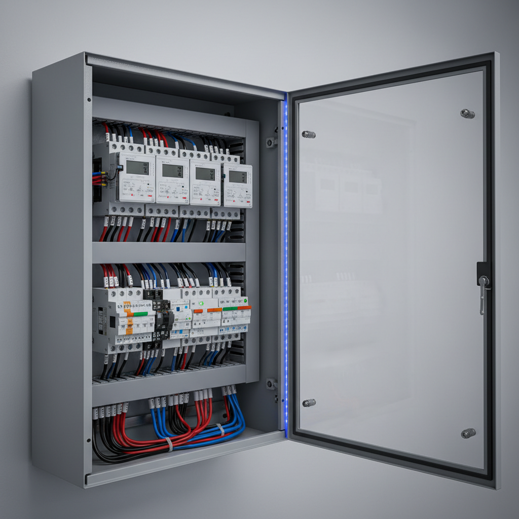 A detailed close-up of a modern smart electrical distribution board in a small commercial space in Zakopane, featuring modular devices: digital energy meters, surge protection units, and DIN-rail mounted contactors, all perfectly wired with color-coded conductors and numbered ferrules. The enclosure’s transparent door is partially open, showing anti-condensation vents and a subtle Electro City Podhale–style blue accent strip along the frame. Cool, evenly distributed fluorescent ceiling light bathes the scene, eliminating harsh shadows and enhancing the technical clarity. Photographed at a slight three-quarter angle with moderate depth of field, every connection appears intentional and robust. The mood is highly professional, precise, and trustworthy, rendered in clean, high-fidelity photographic realism ideal for showcasing advanced commercial electrical installations.