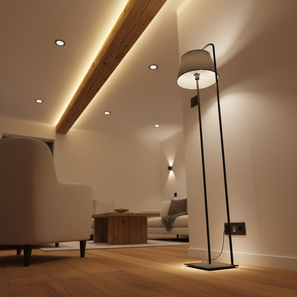 A cozy, newly renovated Podhale apartment living room where carefully planned electrical installations enhance comfort: multiple discreet LED downlights in the white ceiling, a dimmable floor socket feeding a modern standing lamp, and a subtle LED strip hidden along a wooden ceiling beam. The walls are smooth and light, complementing warm-toned wooden flooring and minimal furniture hinted at in the background. Evening lighting creates a soft, inviting glow with gentle shadows, emphasizing the layered illumination. Captured from a corner at eye level with a wide lens, the composition shows the room’s depth while keeping all key electrical elements in sharp focus. The style is realistic, warm, and polished, underlining professional design and execution of residential electrical services.